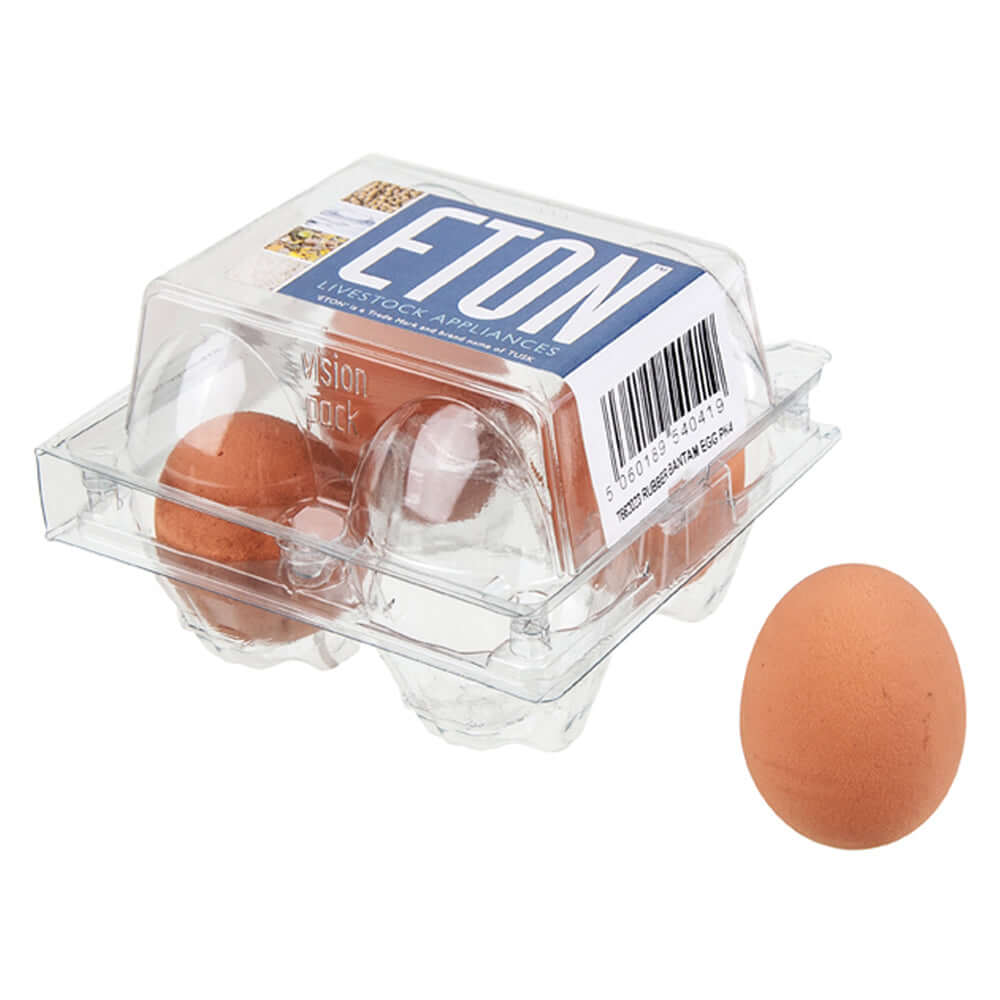 4 Eton Brown Rubber Poultry Eggs in a plastic container